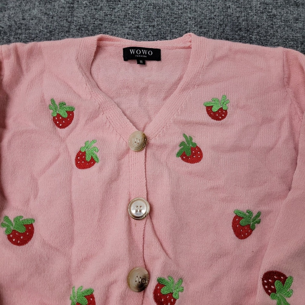 Wowo Fashion Cardigan Womens Size M Pink Strawberry Embroidered Cotton Knit Crop
